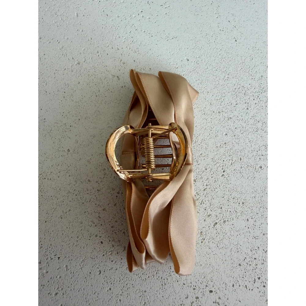 Champagne Satin Ribbon Bow Gold Metal Hair Claw Clip Elegant Coquette Accessory